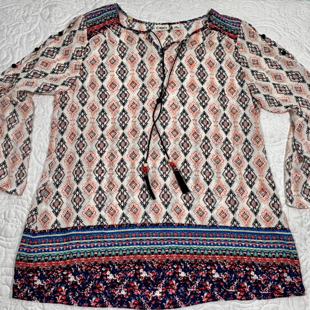 Cato Women's Shirt Size Medium Multi-Color Floral Boho Hippie Flared Sleeve Tie